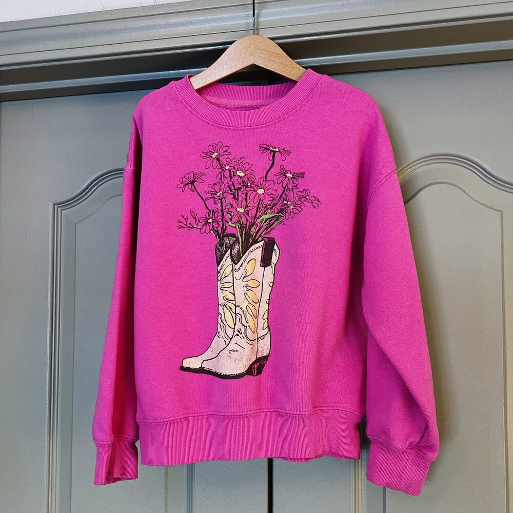 Goodie Two Sleeves Pink Cowboy Boot Graphic Sweatshirt Girls 7/8 Western Floral